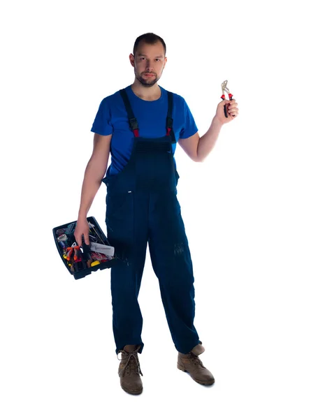 Portrait Young Worker Toolbox Standing White Backgr — Stock Photo, Image