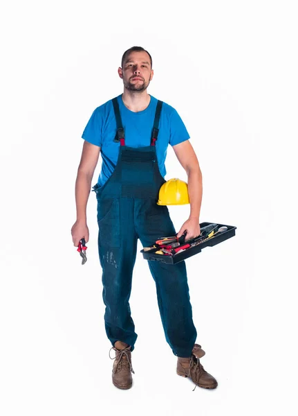 Portrait of a handyman holding toolbox — Stock Photo, Image