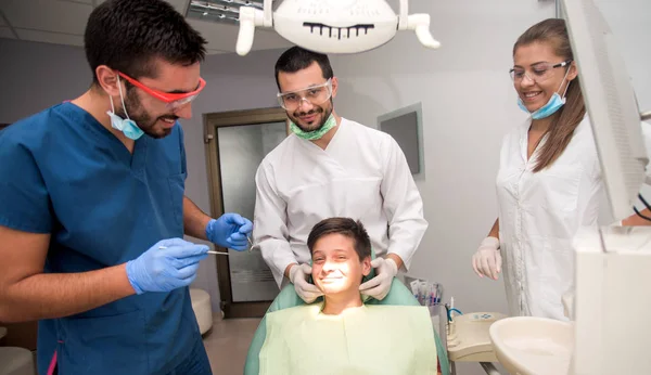 Boy Perfect Teeth Dentist Doing Check Clininc Background Oral Hygiene — Stock Photo, Image