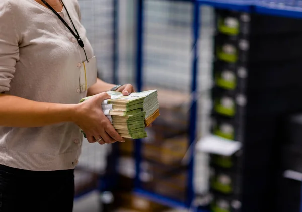 Ofis çalışanı Avro tutarında banknotlar tutuyor. — Stok fotoğraf
