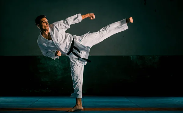 Combattente professionista di karate che scalcia. Isolato su un dorso bianco — Foto Stock