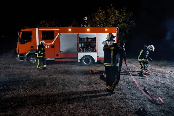 Fire brigade fighting a forest fire with various tools for eliminating flames