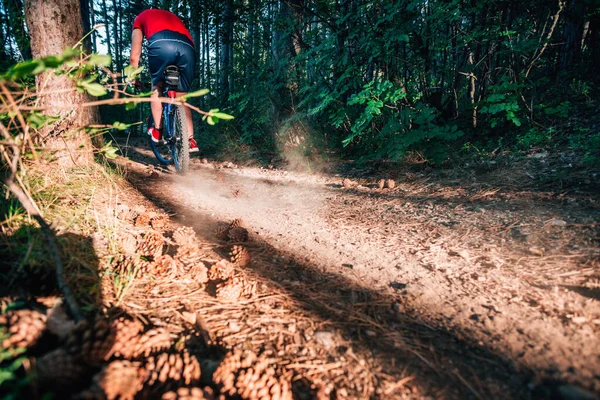 Biciklis biciklizik egy földúton az erdőben, Xtreme — Stock Fotó