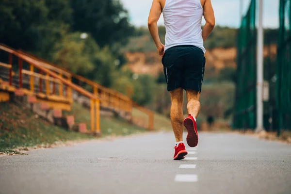 Athletic Male Exercising Track Outdoors While Training Jogging — Stock Photo, Image