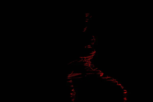 Poutres Laser Rouges Vertes Silhouette Danseur Faisant Des Poses Danse — Photo