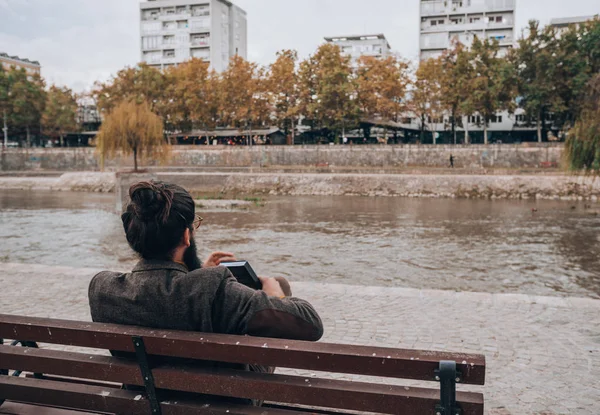 Stylish Caucasian Male Clothed Fashionable Outfit Reading Book Outdoors — Stockfoto