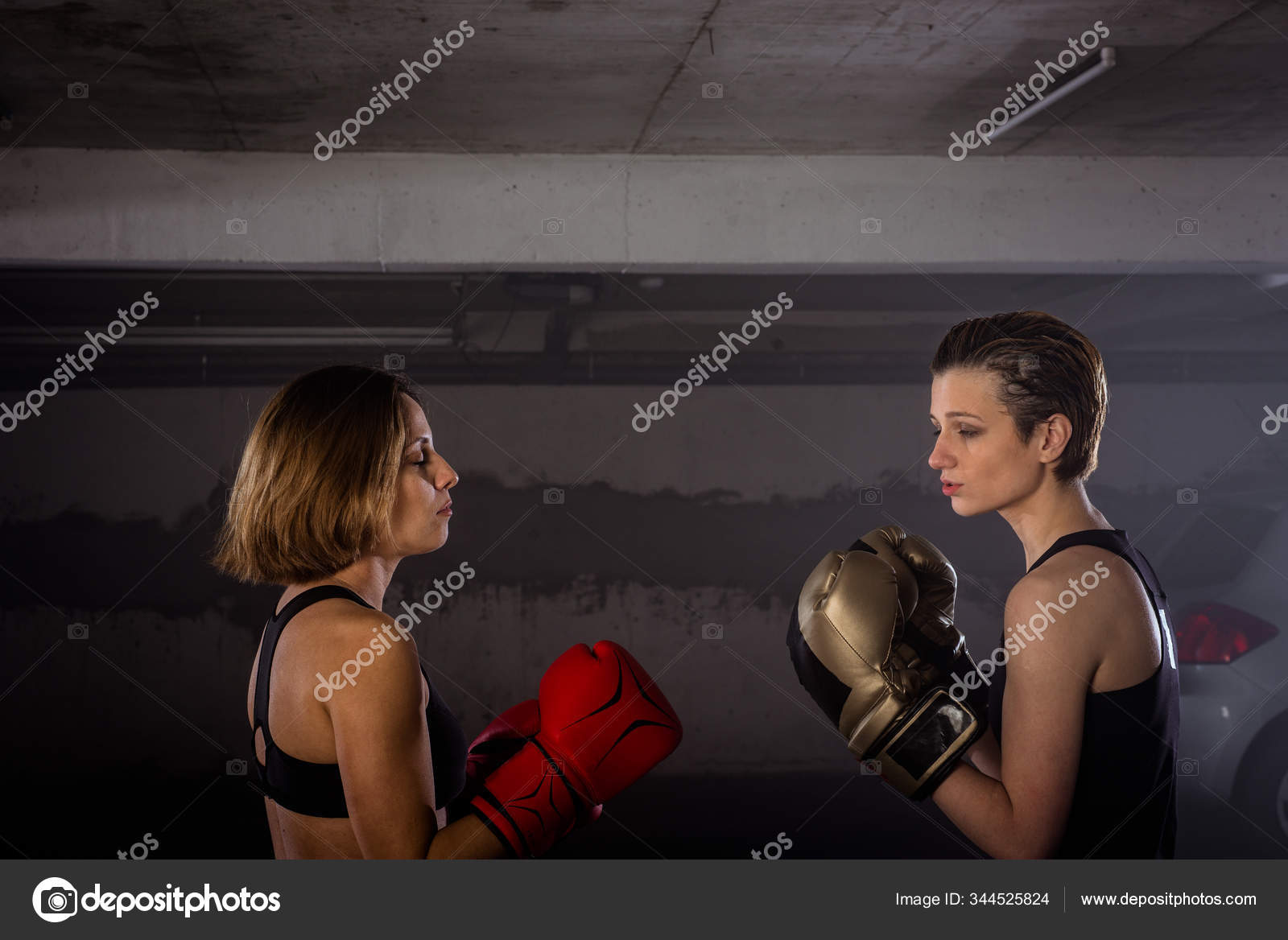 Close Image Two Female Boxers Protective Equipment Exercising Punching