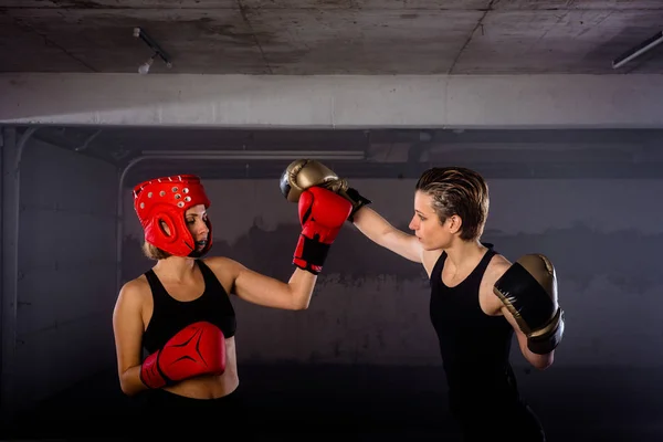 Dos Boxeadoras Profesionales Que Golpean Mutuamente Una Pelea Boxeo Garaje — Foto de Stock
