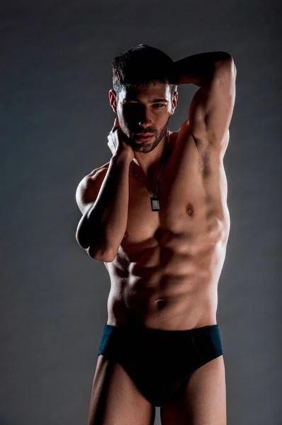 Portrait Attractive Muscular Guy Black Underwear Posing — Stock Photo, Image
