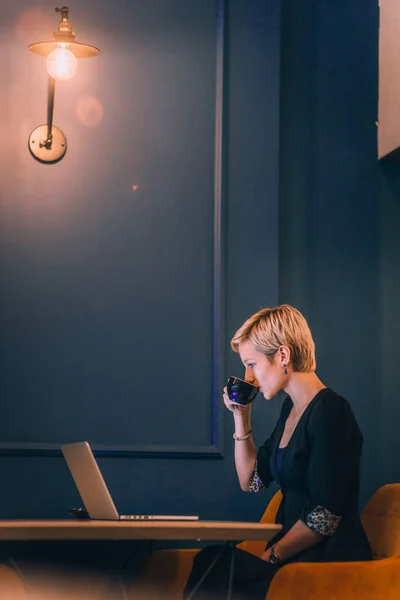 Joven Empresaria Confiada Trabajando Portátil Mientras Está Sentada Rincón Café —  Fotos de Stock