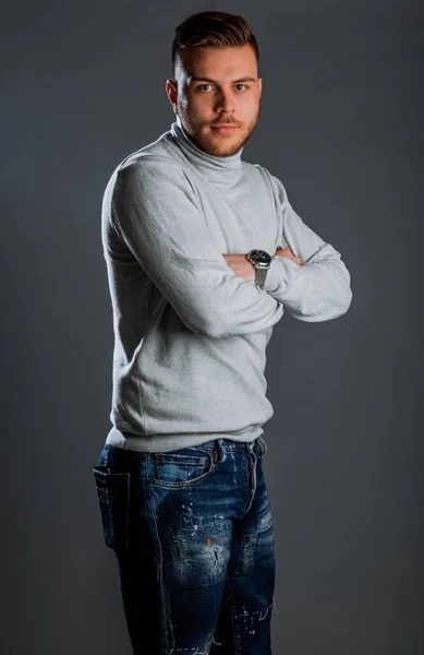 Cool Handsome Trendy Guy Wearing Stylish White Turtleneck Sweater — Stock Photo, Image