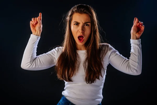 Beautiful Angry Brown Haired Angry Girl Accusing Everyone Isolated Black — Stock Photo, Image