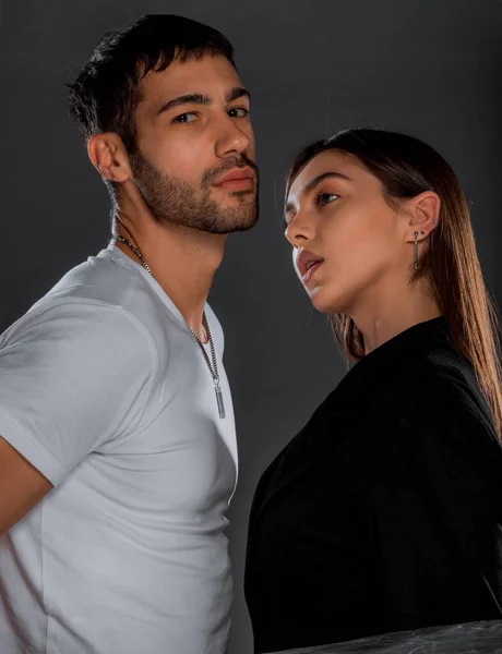 Fashion Studio Shot Sensual Couple Dark Background — Stock Photo, Image