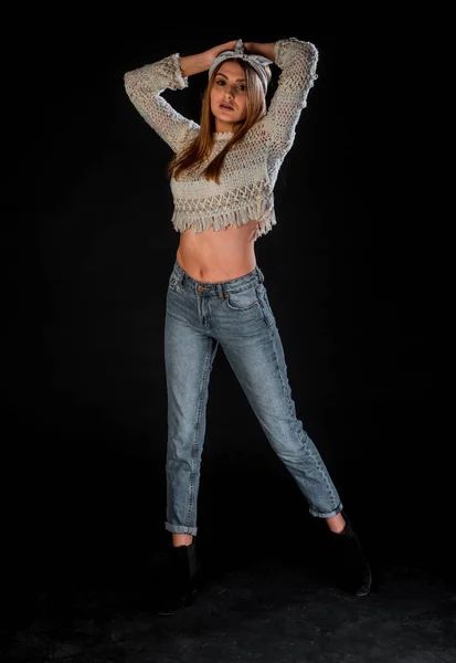 Studio Body Shot Fashion Female Model Posing Modern Clothing — Stock Photo, Image