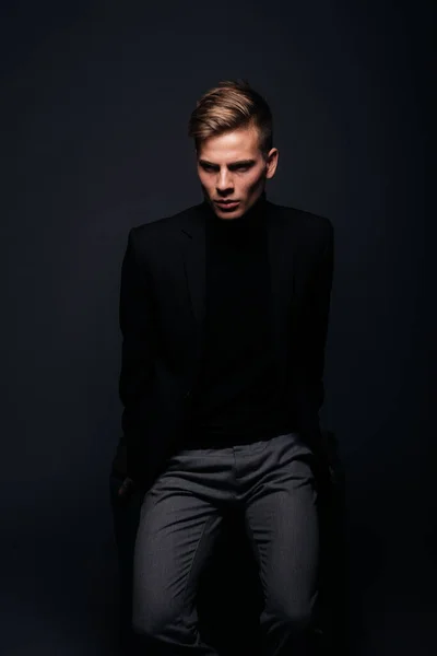 Formally Dressed Man Sharp Jawline His Posing Studio Front Black — Stock Photo, Image