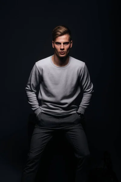 Informally Casual Dressed Blonde Young Man Sharp Jawline His Posing — Stock Photo, Image