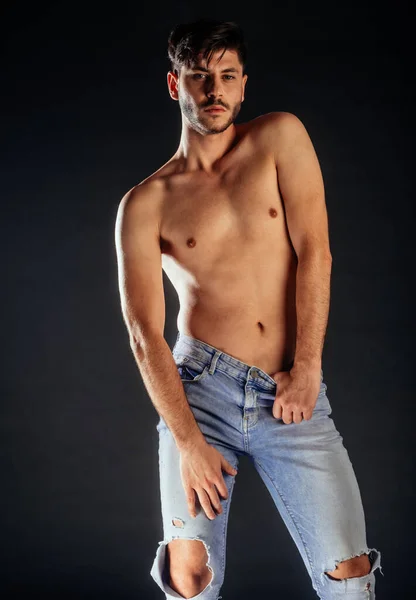 Portrait Handsome Stylish Man Posing Topless Black Background — Stock Photo, Image