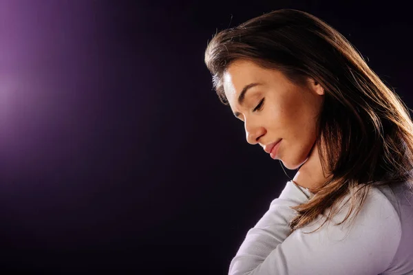 Portrait Attractive Girl Holing Her Hair While Looking Handsome Satisfied — Stock Photo, Image