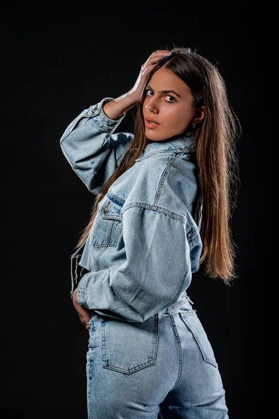 Body Shot Cool Modern Girl Wearing Cropped Denim Jacket Blue — Stock Photo, Image