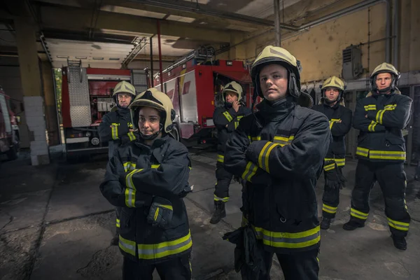 Group Firefighters Standing Confident Arms Crossed Firemen Ready Emergency Service — Stock Photo, Image