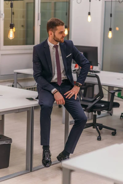 Empresario Jefe Vestido Formalmente Apoyado Escritorio Una Oficina Moderna —  Fotos de Stock