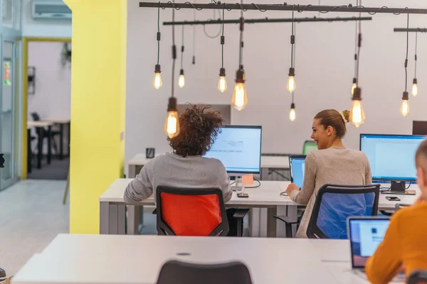 Beautiful Blond Coworker Afro Haircut Working Modern Start Offices Businessman — Stock Photo, Image