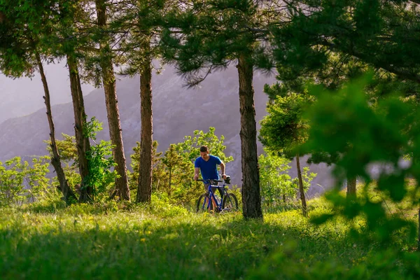 身穿蓝色衬衫的山地骑车人一边骑着自行车穿过绿林 一边欣赏那迷人的风景 — 图库照片