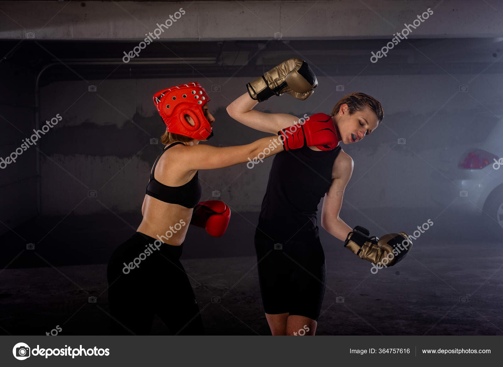 Two Professional Female Boxers Punching Each Other Aggressive Garage