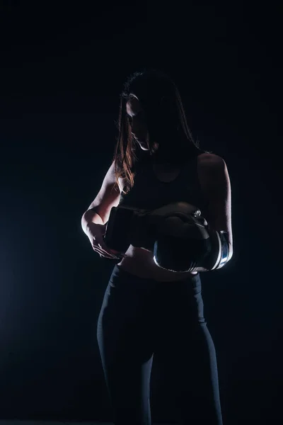 Silhouette Portrait Dark Contrast Young Fitness Girl Putting Her Boxing — Stock Photo, Image