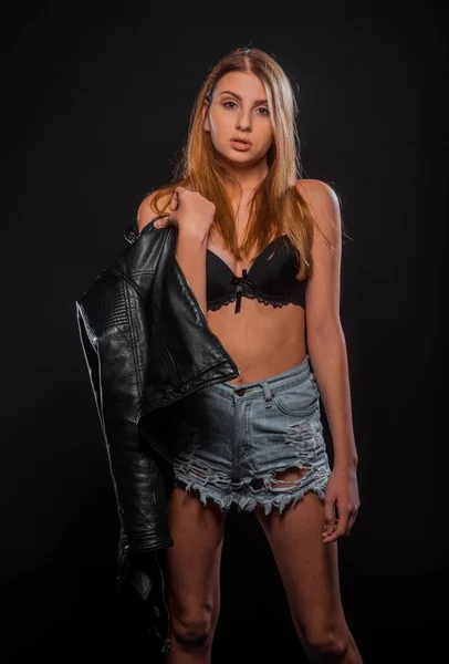Cool Young Girl Dressed Modern Style Denim Shorts Black Bra — Stock Photo, Image
