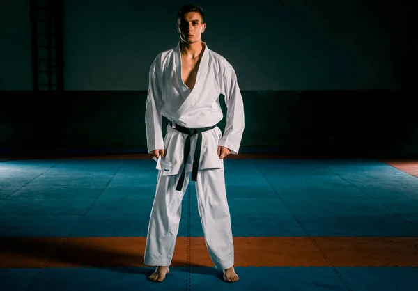 Egy Sportoló Fekete Övvel Karatéban Formális Karate Gyakorlatot Végez — Stock Fotó