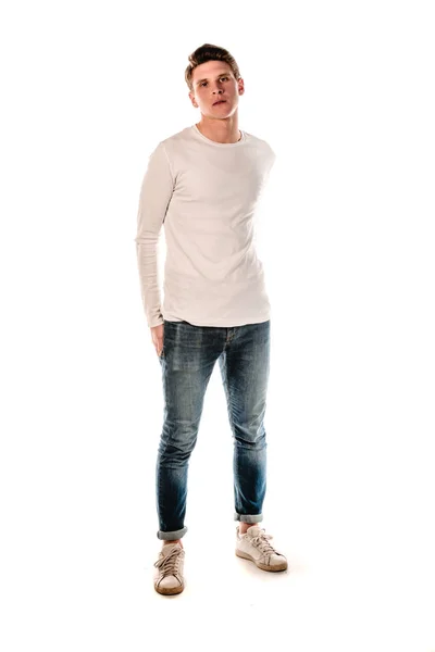 Studio Fashion Portrait Handsome Guy Wearing Blue Jeans Long Sleeve — Stock Photo, Image