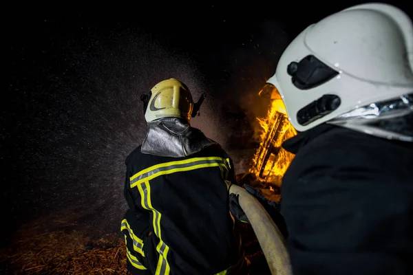 Bomberos Que Utilizan Una Manguera Agua Para Eliminar Peligro Incendio —  Fotos de Stock