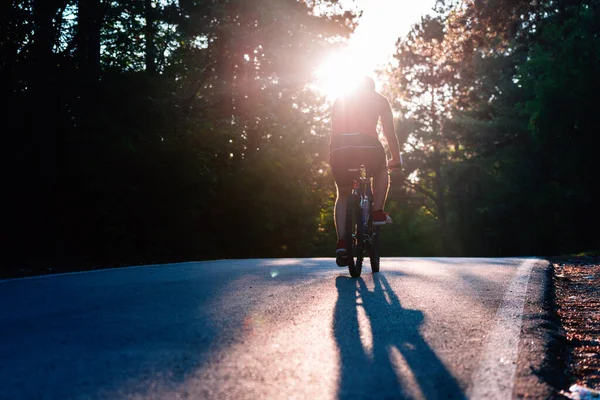 Muž Cyklista Kole Při Západu Slunce Silnici Hlubokým Lesem Extrémní — Stock fotografie