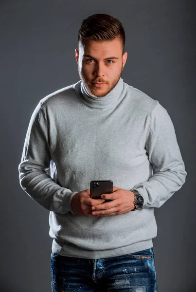 Studio Fashion Portrait Young Man Wearing Wool Polo Neck Jumper — Stock Photo, Image