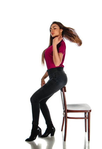 Studio Body Shot Fashion Female Model Posing Modern Clothing Isolated — Stock Photo, Image