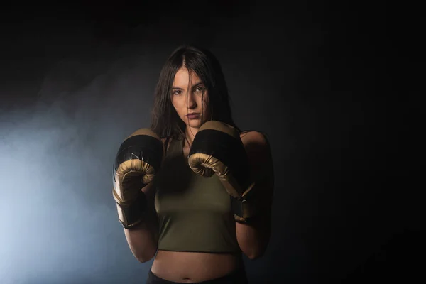 Closeup Portrait Female Boxer Posing Boxing Gloves Looking Camera Smokey — Stock Photo, Image