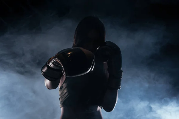 Silhouette Portrait White Smoke Background Female Model Boxing Gloves — Stock Photo, Image