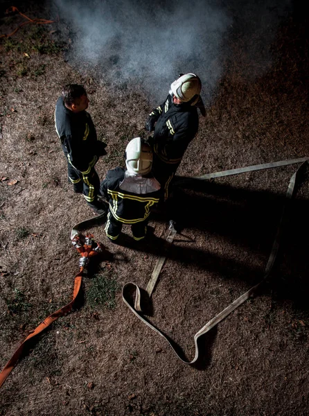 Fire brigade fighting a forest fire with various tools for eliminating flames