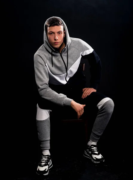 Young Man Black Grey Tracksuits Black Background — Stock Photo, Image