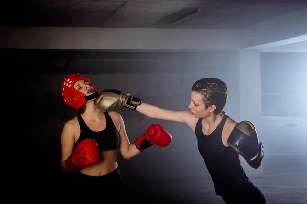 Two Professional Female Boxers Punching Each Other Aggressive Garage Boxing — Stock Photo, Image