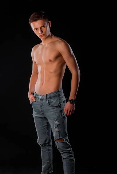 Body Shot Attractive Shirtless Male Model Posing Modern Style Jeans — Stock Photo, Image