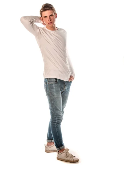 Attractive Young Stylish Man Posing Trendy Blue Jeans White Sneakers — Stock Photo, Image