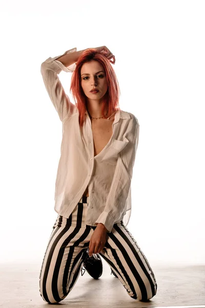 Stylish Young Woman Wearing Black White Stripe Pants White Shirt — Stock Photo, Image