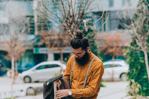 Hipster Modern Guy Clothed Fashionable Costume Urban Environment — Stockfoto