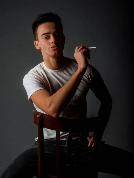 Portrait Attractive Young Male Model Wearing White Shirt Holding Cigarette — Stock Photo, Image