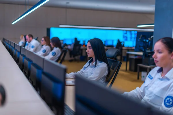 Happy Security Data Center Operator Colleagues Coworkers Smiling Monitoring Cctv — Stock Photo, Image