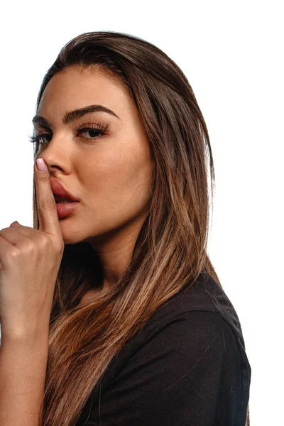 Portrait Beautiful Stylish Girl Wearing Black Top Making Silence Sign — Stock Photo, Image