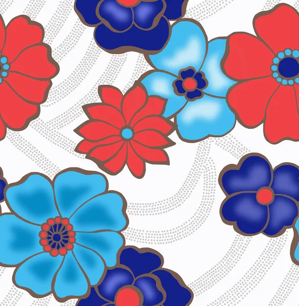 Czerwone Niebieskie Niebieskie Kwiaty Białym Tle Ilustracja Płynne Tło — Zdjęcie stockowe
