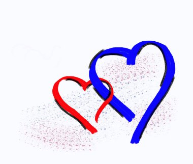 Beyaz arkaplanda kırmızı ve mavi kalp, soyut çizim.